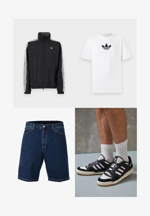 Melna vēja pārvalka jaka ar augstu apkakli, baltu trīs svītru dizainu uz piedurknēm, elastīgu aproču un apakšmalu, ar mazu logo uz krūtīm.; Balta kokvilnas T-kreklu ar melnu Adidas logo centrā. Īsas piedurknes un apaļas kakla izgriezums. Gluda tekstūra.; Tumši zili džinsus šorti ar taisnu griezumu, parastu jostasvietu un metāla pogas aizdari; tiem ir kontrastējoša dzeltena šuvju un maliņu apdare.; Melnas un baltas kedas ar zamša un ādas augšdaļu, kas aprīkotas ar trim baltām svītrām, perforētu purngali un gumijas zolēm.