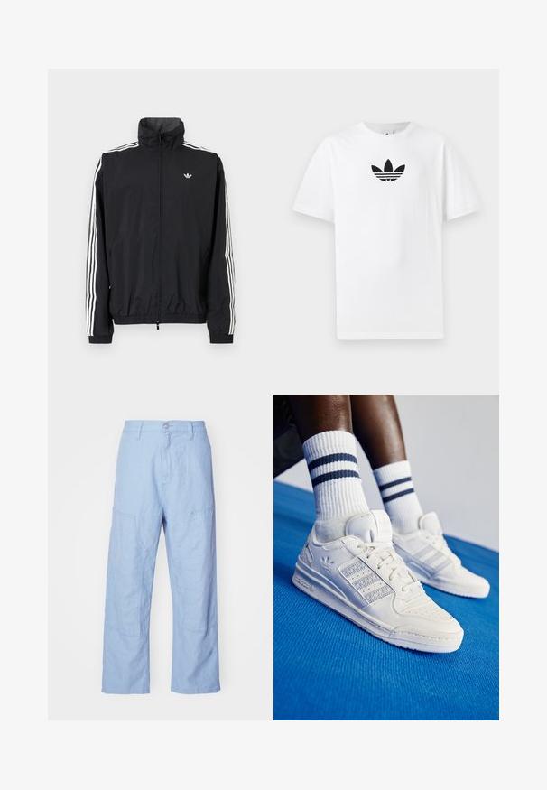Must värvusega tuulejakk kõrge kraega, valge kolme triibu disainiga varrukatel, elastsed mansetid ja äär, väikese logoga rinnal.; Valge puuvillane T-särk, millel on must Adidas logo keskel. Lühikesed varrukad ja ümmargune kaelus. Sile tekstuur.; Heledad sinised linased püksid, millel on mugav lõige, koos patch-taskutega ja nähtavate õmblusteadetega. Kanga välimus on pehme ja tekstuuriga.; Valge nahast jooksujalatsid, millel on perforatsioonidega detailid, kolm metallilist triipu ja tekstureeritud külgpaneel. Kanna valgeid sokke, millel on sinised triibud.
