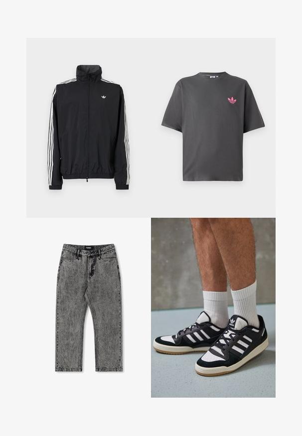 Crna windbreaker jakna s visokim ovratnikom, bijeli dizajn s tri pruge na rukavima, elastične manžete i rub, s malim logotipom na prsima.; Tamno sivi T-shirt kratkih rukava s malim ružičastim Adidas trefoil logom na lijevoj strani prsnog koša, prikazan na bijeloj pozadini.; Sive traperice s iskorištenim izgledom, ravnog kroja i s pet džepova. Ima oznaku s natpisom "FORMER" na pojasu.; Crne i bijele tenisice s gornjim dijelom od antilopa i kože, s tri bijele pruge, perforiranim prstom i gumiranim potplatom.