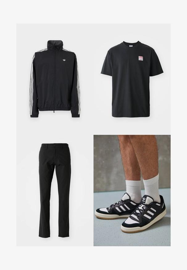 Melna vēja pārvalka jaka ar augstu apkakli, baltu trīs svītru dizainu uz piedurknēm, elastīgu aproču un apakšmalu, ar mazu logo uz krūtīm.; Melna kokvilnas T-krekls ar apaļu kaklu, īsām piedurknēm un nelielu krāsainu etiķeti kreisajā krūtīs, kurā ir vārds "SUPERIOR".; Melni bikses, kas izgatavotas no viegla auduma, ar taisnu kāju dizainu, priekšējo pogu aizdari un sānu kabatām. Gluda tekstūra.; Melnas un baltas kedas ar zamša un ādas augšdaļu, kas aprīkotas ar trim baltām svītrām, perforētu purngali un gumijas zolēm.