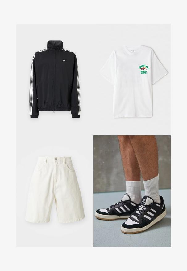 Črn vetrovka z visokim ovratnikom, belim trojnamenskim dizajnom na rokavih, elastičnimi manšeti in robom, s majhnim logotipom na prsih.; Bela bombažna majica s kratkimi rokavi, na levi strani prsnega dela pa je grafični napis v zeleni in rdeči barvi z besedilom "cashart Who Pronto Subito."; Beli jeans kratke hlače z ohlapnim krojem, ki imajo pas, pet žepov in ravne hlačnice. Tkanina ima rahel teksturiran zaključek.; Črno-bele superge z zgornjim delom iz usnja in nubuka, ki imajo tri bele črte, perforiran vrh prstov in podplat iz gume.