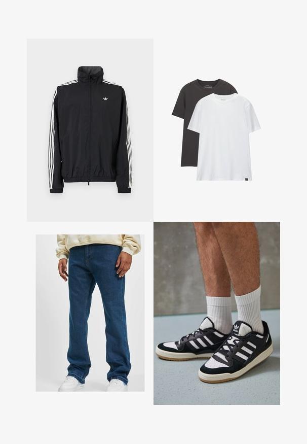Schwarze Windjacke mit hohem Kragen, weißem Dreistreifen-Design an den Ärmeln, elastischen Bündchen und Saum, mit einem kleinen Logo auf der Brust.; Zwei T-Shirts in normaler Passform: eines schwarz und eines weiß, aus weicher Baumwolle. Jedes hat einen Rundhalsausschnitt und kurze Ärmel ohne Muster.; Dunkelblaue gerade geschnittene Jeans aus Denim, mit einem schlichten Design und klassischem Nähen, getragen mit weißen Sneakers.; Schwarz-weiße Sneaker mit einem Obermaterial aus Wildleder und Leder, ausgestattet mit drei weißen Streifen, einer perforierten Zehenpartie und einer Sohle aus Gummi.