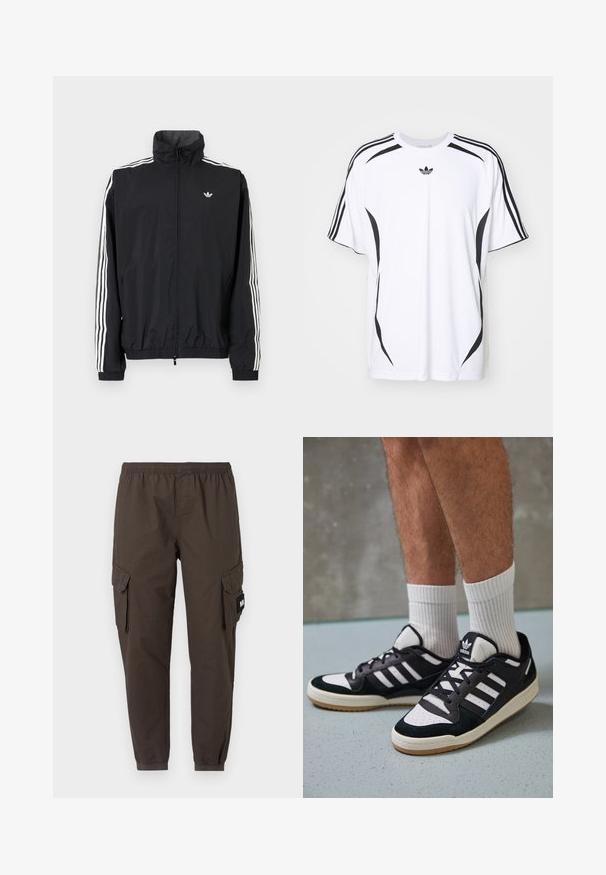 Črn vetrovka z visokim ovratnikom, belim trojnamenskim dizajnom na rokavih, elastičnimi manšeti in robom, s majhnim logotipom na prsih.; Bela kratka majica s kratkimi rokavi, ki ima črne stranske akcentne in tri črne črte na ramenskih delih. Vključuje majhen črn logotip na prsih.; Cargo hlače iz temno rjave tkanine, z elastičnim pasom, ožjimi nogami in dvema stranskima žepoma s poklopci.; Črno-bele superge z zgornjim delom iz usnja in nubuka, ki imajo tri bele črte, perforiran vrh prstov in podplat iz gume.