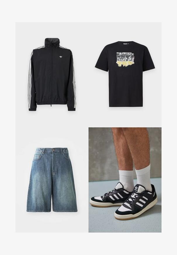 Melna vēja pārvalka jaka ar augstu apkakli, baltu trīs svītru dizainu uz piedurknēm, elastīgu aproču un apakšmalu, ar mazu logo uz krūtīm.; Melns kokvilnas T-krekls ar grafisku apdruku baltā un dzeltenā krāsā, kurā ir teksts "IRON LIKE HELL" un siluetu dizains.; Denim šorti vidēji zils mazgāšanas tonī, ar augstu vidukli, piecām kabatām un taisnu piegriezumu. Izteikta nodiluma detaļa priekšpusē.; Melnas un baltas kedas ar zamša un ādas augšdaļu, kas aprīkotas ar trim baltām svītrām, perforētu purngali un gumijas zolēm.