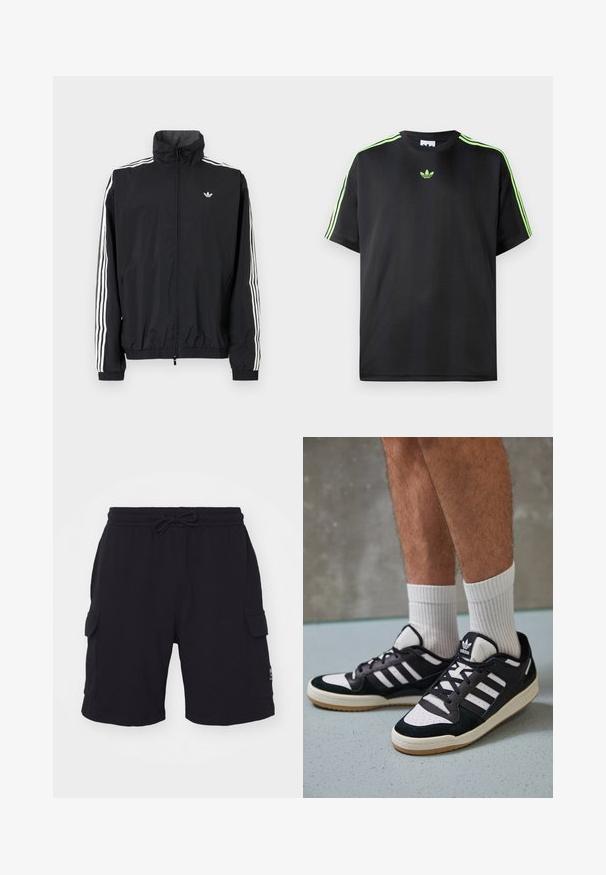 Juodas vėjaraudžių švarkas su aukštu apykakle, baltu trimis juostelėmis ant rankovių, elastingais rankogaliais ir apatine dalimi, su maža logotipo etikete ant krūtinės.; Juodas marškinėliai, pagaminti iš lygios medžiagos, su apykakle, turinčia tris žalias juosteles ant pečių ir mažą žalią logotipą ant krūtinės.; Juodos krovinių šortai su elastinga juosmens juosta ir raiščiu. Turi dvi šonines kišenes ir mažą logotipų pleistrą dešinėje pusėje.; Juodos ir baltos sportinės bateliai su zomšiniu ir odiniu viršumi, su trimis baltomis juostelėmis, perforuota koja ir guminėmis padais.