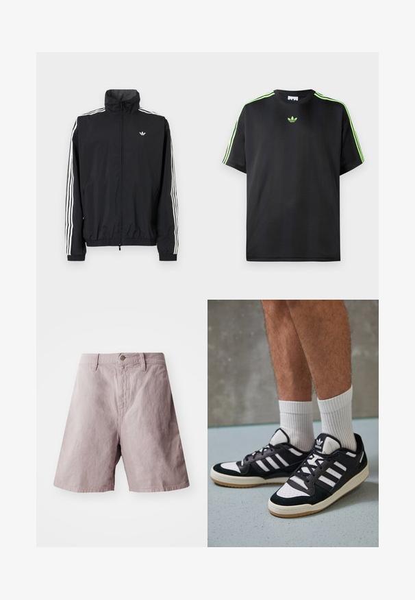 Musta tuulenpitävä takki, jossa on korkea kaulus, valkoinen kolmiraidallinen muotoilu hihoissa, joustavat hihansuut ja helma, sekä pieni logo rinnassa.; Mustat T-paita, joka on valmistettu sileästä kankaasta ja jossa on pyöreä kaula-aukko. Paidassa on kolme vihreää raitaa olkapäissä ja pieni vihreä logo rinnassa.; Vaaleanliilat puuvillahousut, joissa on tasainen vyötärö, nappikiinnitys edessä ja sivutaskut. Sileä pinta ja rento istuvuus.; Valkoiset ja mustat tennarit, joissa on mokkanahka- ja nahkapäällinen, kolme valkoista raitaa, rei'itetty kärki ja kumipohja.