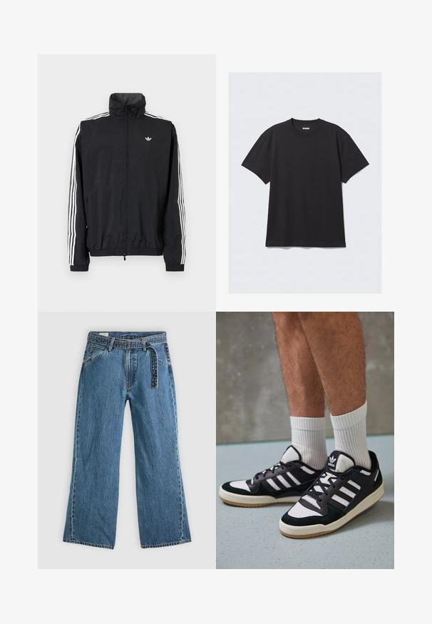 Melna vēja pārvalka jaka ar augstu apkakli, baltu trīs svītru dizainu uz piedurknēm, elastīgu aproču un apakšmalu, ar mazu logo uz krūtīm.; Melnas īsām piedurknēm t-krekls, kas izgatavots no kokvilnas. Tam ir apaļa kakla izgriezne un brīva piegriezuma siluets. Vienkāršs dizains bez rakstiem vai akcentiem.; Zilas džinsa platās kājas bikses ar pievienotu jostu, priekšējām kabatām un redzamiem šuvumiem uz vienkārša gaiša fona.; Melnas un baltas kedas ar zamša un ādas augšdaļu, kas aprīkotas ar trim baltām svītrām, perforētu purngali un gumijas zolēm.