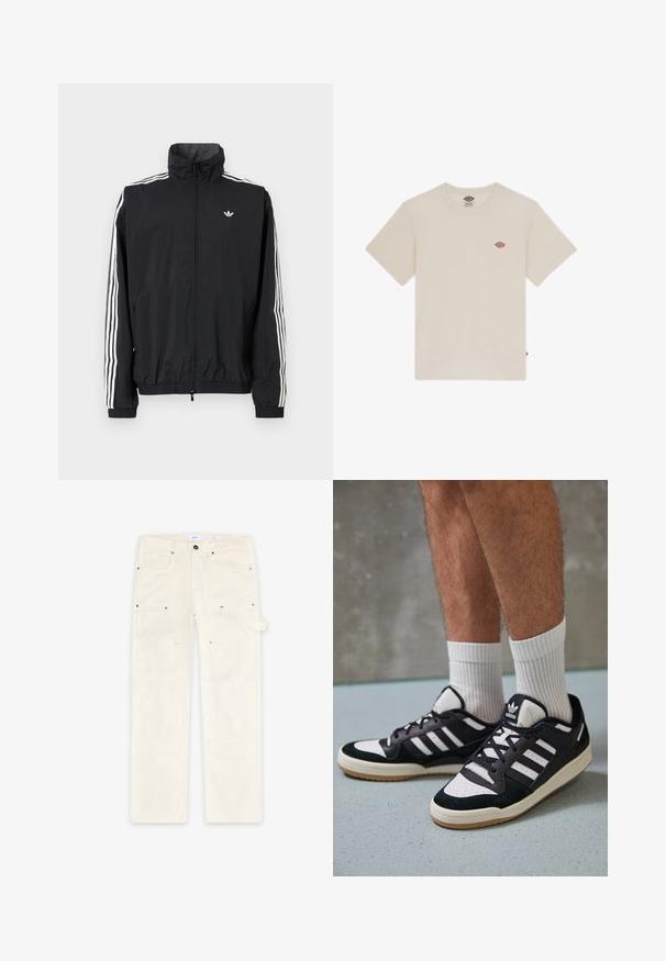 Fekete szélálló dzseki magas gallérral, fehér háromcsíkkal a ujjakon, rugalmas mandzsettákkal és alsó résszel, kis logóval a mellkason.; Krém színű pamut póló rövid ujjal, kerek nyakkivágással és kis, több színű hímzett logóval a mellkasán.; Világos bézs színű nadrág, texturált anyagból készült, elülső és oldalsó zsebekkel, fém kiegészítőkkel és a lábakon lévő címke részletgravírozással.; Fekete-fehér tornacipők velúr és bőr felsőrésszel, három fehér csíkkal, perforált orral és gumi talppal.