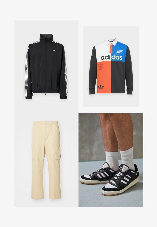 Crna windbreaker jakna s visokim ovratnikom, bijeli dizajn s tri pruge na rukavima, elastične manžete i rub, s malim logotipom na prsima.; Majica s dugim rukavima u boji koja kombinira crnu, bijelu, narančastu i plavu, s ovratnikom, gumbima i istaknutim Adidas logotipom.; Bež cargo hlače izrađene od tkanine s elastičnim pojasom i zakopčavanjem na dugme. Imaju dva bočna džepa i jednostavan dizajn.; Crne i bijele tenisice s gornjim dijelom od antilopa i kože, s tri bijele pruge, perforiranim prstom i gumiranim potplatom.