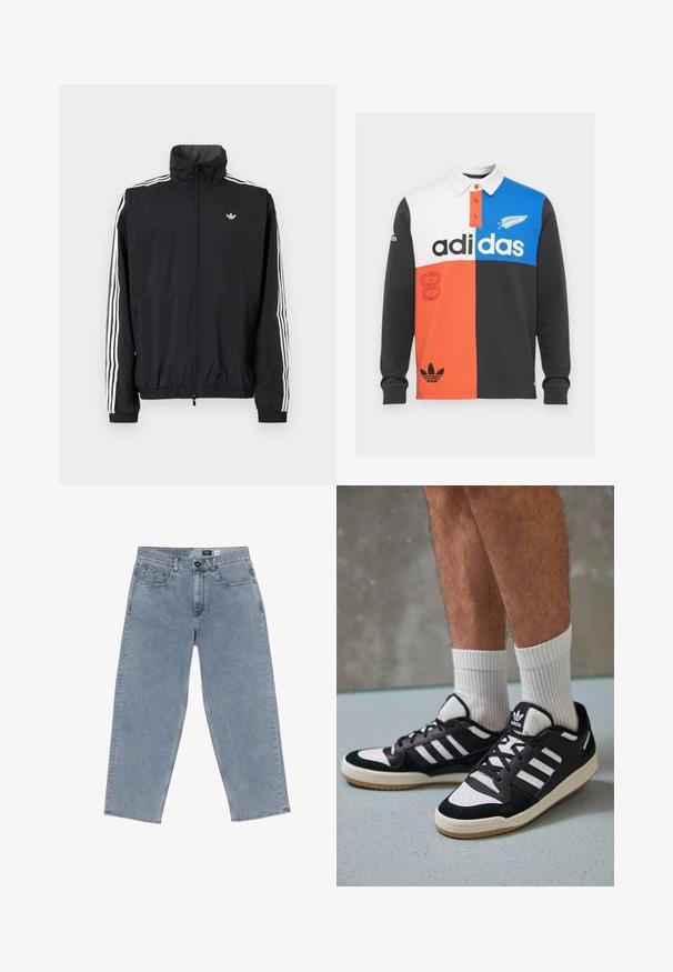 Jachetă neagră din material impermeabil cu guler înalt, design cu trei dungi albe pe mâneci, manșete și tiv elastic, având un mic logo pe piept.; Polo cu mânecă lungă, în culori blocate, de culoare neagră, albă, portocalie și albastră, cu guler, placket cu nasturi și branding proeminent Adidas.; Jeans din denim deschis albastru, cu croială largă, închidere cu nasture, cinci buzunare și picioare drepte. Textură moale, ușoară decolorare și cusături curate.; Adidași negri și albi cu un superior din suede și piele, prevăzuți cu trei dungi albe, un vârf perforat și o talpă din cauciuc caramel.