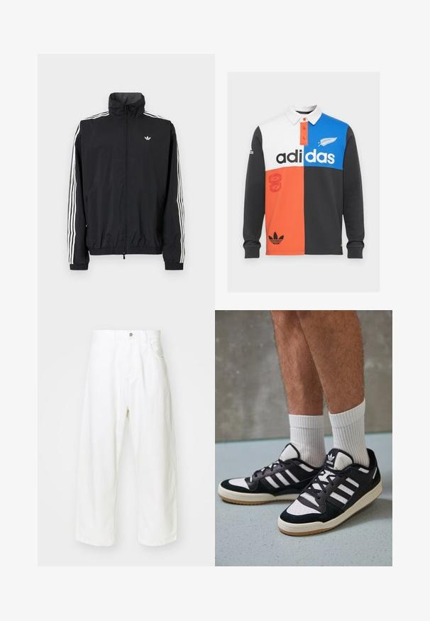 Černá windbreaker bunda s vysokým límcem, bílým designem tří pruhů na rukávech, elastickými manžetami a lemováním, s malým logem na hrudi.; Polo tričko s dlouhým rukávem v barevném bloku v černé, bílé, oranžové a modré barvě, s límečkem, knoflíkovou légou a výrazným brandingem Adidas.; Bílé široké džíny vyrobené z denimu, s vysokým pasem, pěti kapsami a knoflíkovým zapínáním. Jednoduchý design s nerovnými okraji.; Černobílé tenisky s vrchní částí z semišové a kožené kůže, včetně tří bílých pruhů, perforovaného špičky a podrážky z gumy.