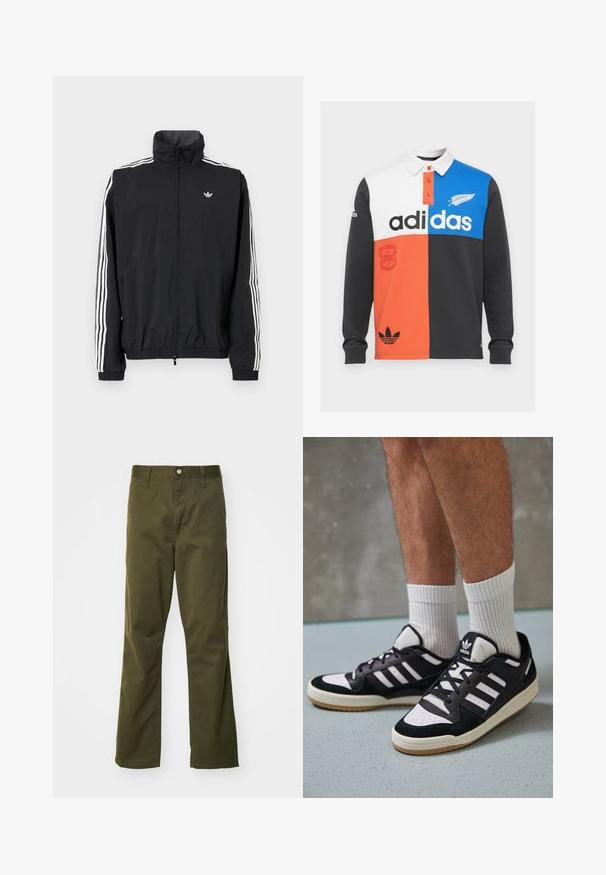Juodas vėjaraudžių švarkas su aukštu apykakle, baltu trimis juostelėmis ant rankovių, elastingais rankogaliais ir apatine dalimi, su maža logotipo etikete ant krūtinės.; Juodos, baltos, oranžinės ir mėlynos spalvų blokų ilgų rankovių polo marškiniai su apykakle, mygtukų užsegimu ir išskirtiniu Adidas ženklinimu.; Tamsiai žali medvilniniai kelnių su tiesiomis kojomis dizainas. Savybės: priekinis mygtuko užsegimas ir klasikinis penkių kišenių stilius.; Juodos ir baltos sportinės bateliai su zomšiniu ir odiniu viršumi, su trimis baltomis juostelėmis, perforuota koja ir guminėmis padais.