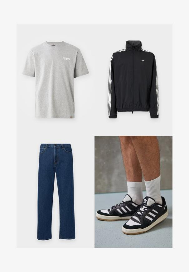Μαύρο αδιάβροχο μπουφάν με ψηλό γιακά, λευκή τριπλή ρίγα στα μανίκια, ελαστικούς καρπούς και σάκο, που διαθέτει ένα μικρό λογότυπο στο στήθος.; Γκρίζα βαμβακερή μπλούζα με στρογγυλή λαιμόκοψη, κοντά μανίκια και λευκό λογότυπο που λέει "DICKIES DEEP ROOTED" στο αριστερό στήθος.; Σκούρο μπλε τζιν παντελόνι με ίσια γραμμή, με μπροστινές τσέπες και κλείσιμο με κουμπί, το οποίο προβάλλεται σε λευκό φόντο.; Μαύρα και λευκά αθλητικά παπούτσια με άνω μέρος από σουέτ και δέρμα, featuring τρεις λευκές ρίγες, περατά δάχτυλα και σόλα από καουτσούκ τύπου γκαστ.