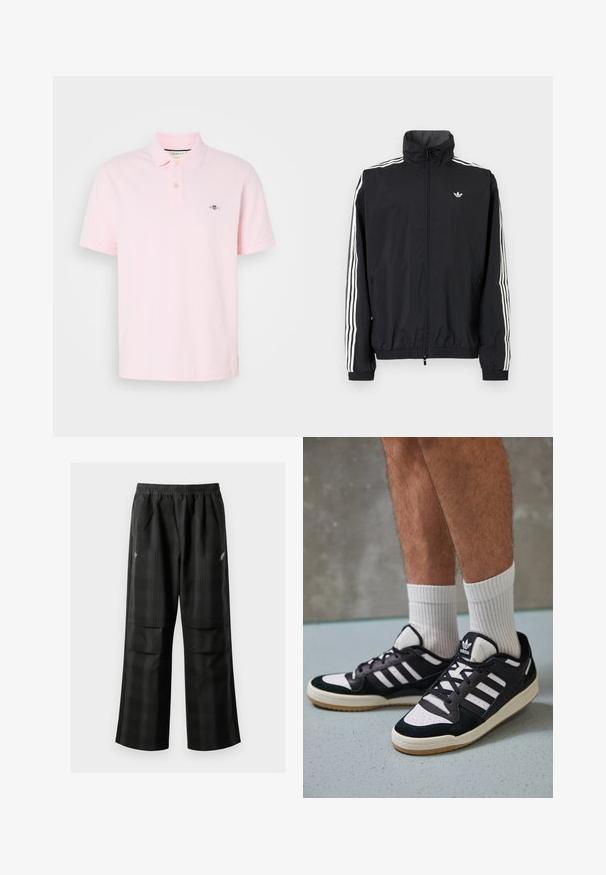 Juodas vėjaraudžių švarkas su aukštu apykakle, baltu trimis juostelėmis ant rankovių, elastingais rankogaliais ir apatine dalimi, su maža logotipo etikete ant krūtinės.; Šviesiai rožinė medvilninė polo marškinėliai, turintys klasikinį apykaklę, dvi mygtukų užtrauktuką ir išsiuvinėtą logotipą kairėje krūtinės pusėje.; Juodos languotos kelnės su elastingu juosmeniu, dviem priekinėmis kišenėmis ir laisvu tiesiu kirpimu. Pagamintos iš lengvos medžiagos.; Juodos ir baltos sportinės bateliai su zomšiniu ir odiniu viršumi, su trimis baltomis juostelėmis, perforuota koja ir guminėmis padais.