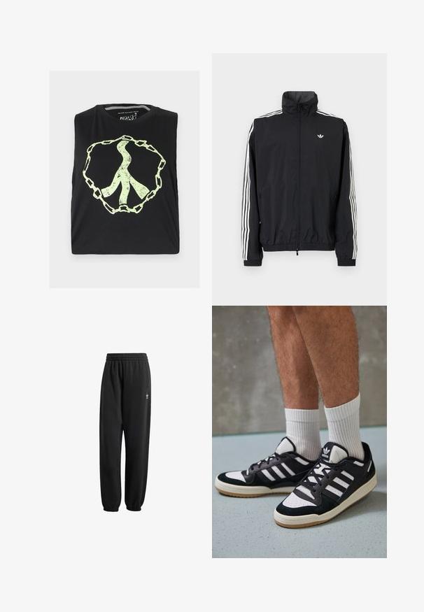 Crna windbreaker jakna s visokim ovratnikom, bijeli dizajn s tri pruge na rukavima, elastične manžete i rub, s malim logotipom na prsima.; Crna majica bez rukava s velikim, izblijedjelim, svijetlozelenim simbolom mira koji je opremljen dizajnom lanca. Izrađena od mekog pamučnog materijala.; Crne trenirke od mekog, teksturiranog materijala. Imaju elastičnu struk, manžete i mali bijeli logotip blizu vrata.; Crne i bijele tenisice s gornjim dijelom od antilopa i kože, s tri bijele pruge, perforiranim prstom i gumiranim potplatom.