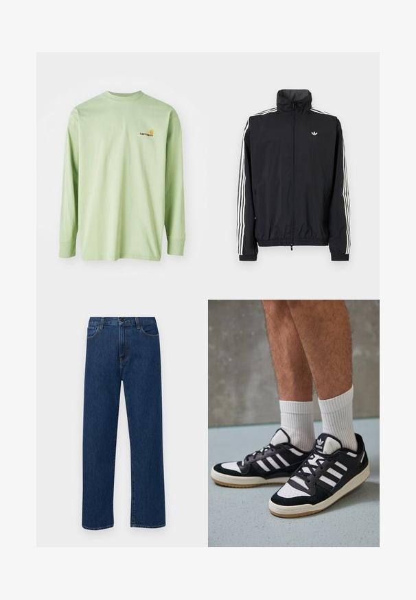 Juodas vėjaraudžių švarkas su aukštu apykakle, baltu trimis juostelėmis ant rankovių, elastingais rankogaliais ir apatine dalimi, su maža logotipo etikete ant krūtinės.; Šviesiai žalia medvilninė marškinėlių ilgomis rankovėmis su apvalia iškirpte, su mažu oranžiniu ir ruduoju logotipu kairėje krūtinės pusėje.; Tamsiai mėlynos tiesaus žandikaulio džinsai su priekinėmis kišenėmis ir mygtuko uždarymu, rodantys ant paprasto balto fono.; Juodos ir baltos sportinės bateliai su zomšiniu ir odiniu viršumi, su trimis baltomis juostelėmis, perforuota koja ir guminėmis padais.