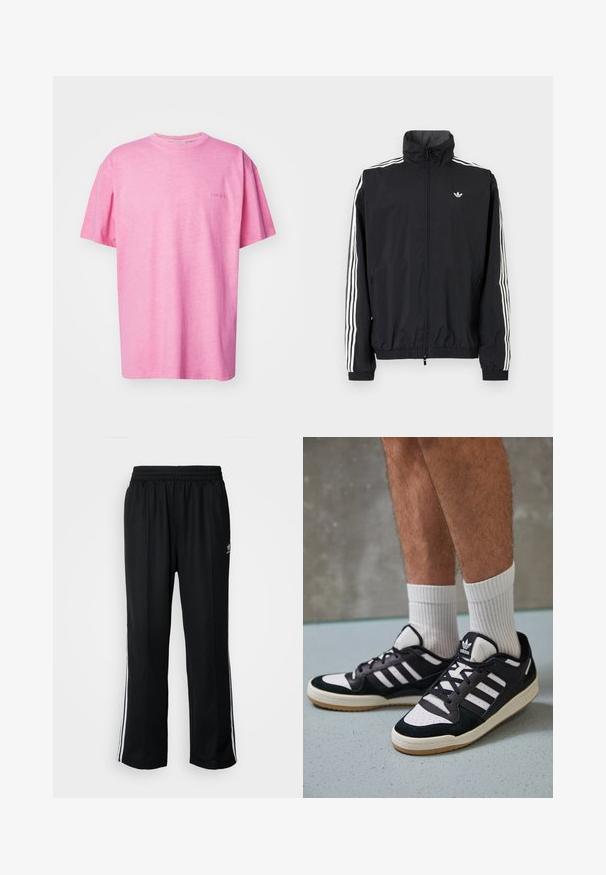 Črn vetrovka z visokim ovratnikom, belim trojnamenskim dizajnom na rokavih, elastičnimi manšeti in robom, s majhnim logotipom na prsih.; Carhartt WIP DUSTER SCRIPT - Navadna majica - charm pink; Črne atletske hlače z elastičnim pasom, ki imajo bele stranske črte in majhen logo. Material izgleda mehak in lahek.; Črno-bele superge z zgornjim delom iz usnja in nubuka, ki imajo tri bele črte, perforiran vrh prstov in podplat iz gume.