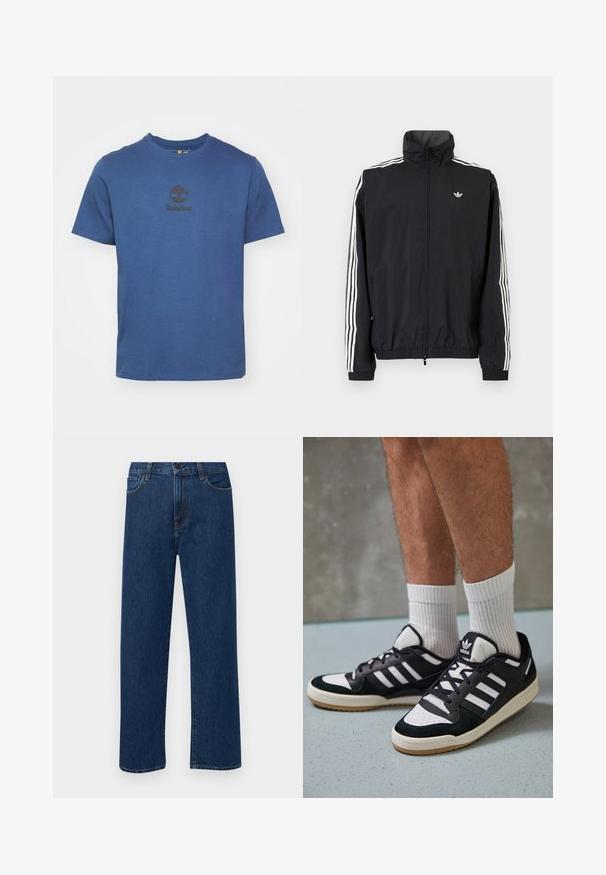 Juodas vėjaraudžių švarkas su aukštu apykakle, baltu trimis juostelėmis ant rankovių, elastingais rankogaliais ir apatine dalimi, su maža logotipo etikete ant krūtinės.; Mėlyna medvilninė marškinė su apvalia kaklo iškirpte, trumpomis rankovėmis ir juodu Timberland logotipu, atspausdintu ant krūtinės. Lygi tekstūra, kasdieniškas dizainas.; Tamsiai mėlynos tiesaus žandikaulio džinsai su priekinėmis kišenėmis ir mygtuko uždarymu, rodantys ant paprasto balto fono.; Juodos ir baltos sportinės bateliai su zomšiniu ir odiniu viršumi, su trimis baltomis juostelėmis, perforuota koja ir guminėmis padais.