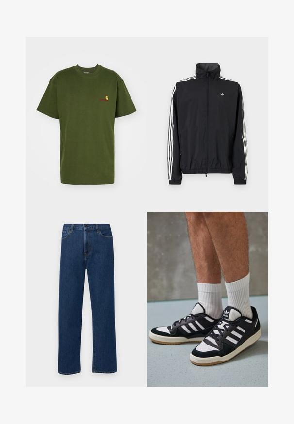 Černá windbreaker bunda s vysokým límcem, bílým designem tří pruhů na rukávech, elastickými manžetami a lemováním, s malým logem na hrudi.; Carhartt WIP AMERICAN SCRIPT - Jednoduché tričko - tarragon; Tmavě modré džíny s rovnými nohavicemi, předními kapsami a zapínáním na knoflík, vystavené na jednoduchém bílém pozadí.; Černobílé tenisky s vrchní částí z semišové a kožené kůže, včetně tří bílých pruhů, perforovaného špičky a podrážky z gumy.