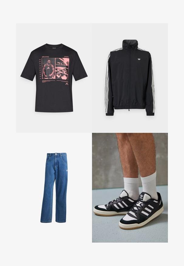 Must värvusega tuulejakk kõrge kraega, valge kolme triibu disainiga varrukatel, elastsed mansetid ja äär, väikese logoga rinnal.; Mustast puuvillasest materjalist T-särk, millel on roosades toonides graafiline trükk koos tekstikastide ja korvpalliga seotud piltidega. Lühikesed varrukad, ümara kaelusega disain.; Sinine kõrge vöökohaga avar jakkidega teksapükse, millel on ees taskud, vöökoharingid, nupuga sulgemine ja väike Adidas'i logo paremal reiel.; Mustvalged ja valged spordijalatsid, mille pealmine osa on valmistatud suede'ist ja nahast. Kingadel on kolm valget riba, auguline varvas ja kummist tald.