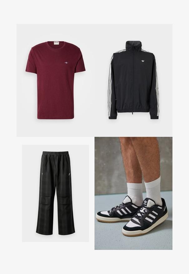 Must värvusega tuulejakk kõrge kraega, valge kolme triibu disainiga varrukatel, elastsed mansetid ja äär, väikese logoga rinnal.; Burgundia lühikeste varrukatega ümar kaelusega T-särk, mille vasakul rinnal on väike valge broderi GANT logo.; Mustas ruudulised püksid, millel on elastne vöökoht, kaks esimest taskut ja laiem lõige sirge jala disainiga. Valmistatud kergest materjalist.; Mustvalged ja valged spordijalatsid, mille pealmine osa on valmistatud suede'ist ja nahast. Kingadel on kolm valget riba, auguline varvas ja kummist tald.