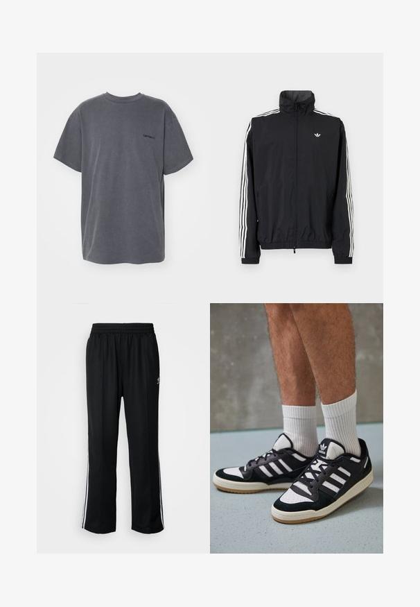 Giacca a vento nera con colletto alto, design con tre strisce bianche sulle maniche, polsini e orlo elastici, con un piccolo logo sul petto.; Carhartt WIP DUSTER SCRIPT - T-shirt basic - black; Pantaloni da allenamento neri con elastico in vita, dotati di bande laterali bianche e un piccolo logo. Il materiale sembra morbido e leggero.; Sneaker bianco e nero con tomaia in suede e pelle, caratterizzati da tre strisce bianche, punta perforata e suola in gomma naturale.
