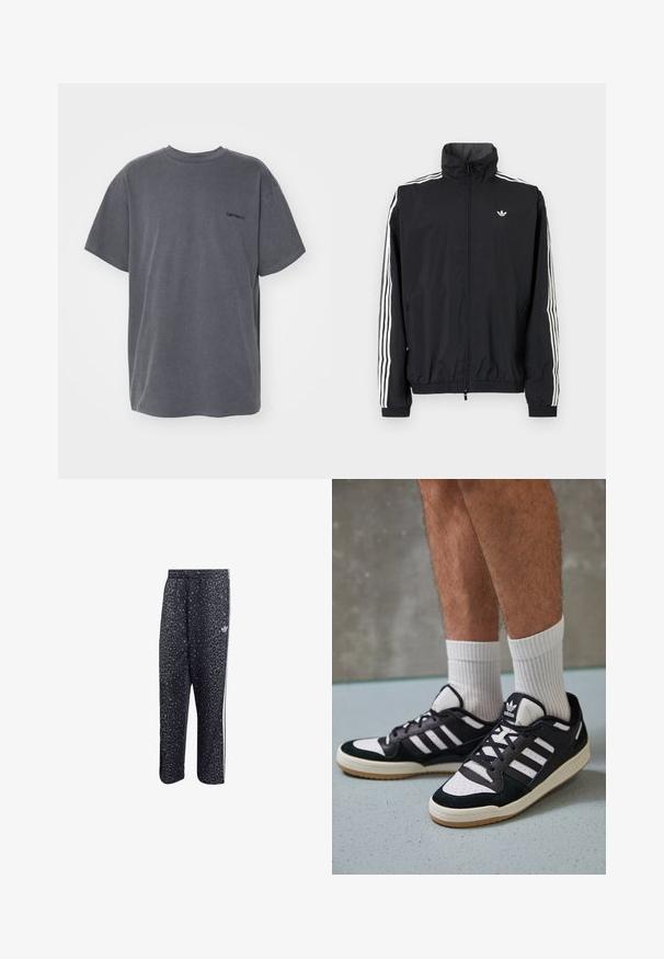 Fekete szélálló dzseki magas gallérral, fehér háromcsíkkal a ujjakon, rugalmas mandzsettákkal és alsó résszel, kis logóval a mellkason.; Carhartt WIP DUSTER SCRIPT - Basic póló - black; Fekete sportnadrág leopárdmintával, fehér háromsávos dizájnnal és egy sportmárka logójával az oldalon.; Fekete-fehér tornacipők velúr és bőr felsőrésszel, három fehér csíkkal, perforált orral és gumi talppal.