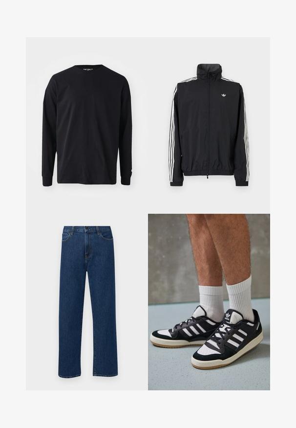 Juodas vėjaraudžių švarkas su aukštu apykakle, baltu trimis juostelėmis ant rankovių, elastingais rankogaliais ir apatine dalimi, su maža logotipo etikete ant krūtinės.; Juoda ilgaa rankovė t-shirt pagaminta iš medvilnės, su apvaliu kaklu ir tiesiu kirpimu, su mažo logotipo detale ant rankovės.; Tamsiai mėlynos tiesaus žandikaulio džinsai su priekinėmis kišenėmis ir mygtuko uždarymu, rodantys ant paprasto balto fono.; Juodos ir baltos sportinės bateliai su zomšiniu ir odiniu viršumi, su trimis baltomis juostelėmis, perforuota koja ir guminėmis padais.