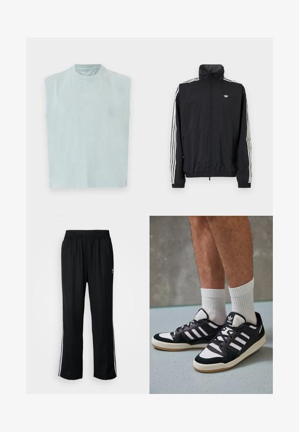 Černá windbreaker bunda s vysokým límcem, bílým designem tří pruhů na rukávech, elastickými manžetami a lemováním, s malým logem na hrudi.; Svetle modré tílko bez rukávů s kulatým výstřihem, vyrobené z měkké látky, s přímým střihem a minimalistickým designem.; Černé sportovní kalhoty s elastickým pasem, s bílými bočními pruhy a malým logem. Materiál vypadá měkce a lehce.; Černobílé tenisky s vrchní částí z semišové a kožené kůže, včetně tří bílých pruhů, perforovaného špičky a podrážky z gumy.