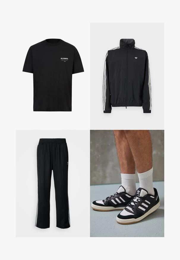 Melna vēja pārvalka jaka ar augstu apkakli, baltu trīs svītru dizainu uz piedurknēm, elastīgu aproču un apakšmalu, ar mazu logo uz krūtīm.; Melna kokvilnas T-kreklā ar īsām piedurknēm un apaļu apkakli. Uz kreisā krūšu apgabala ir baltā teksts "ALLSAINTS" un "LONDON".; Melni sporta bikses ar elastīgu jostas vietu, kurām ir baltas sānu svītras un neliels logotips. Materiāls izskatās mīksts un viegls.; Melnas un baltas kedas ar zamša un ādas augšdaļu, kas aprīkotas ar trim baltām svītrām, perforētu purngali un gumijas zolēm.