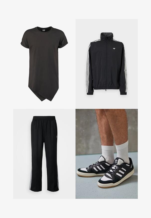 Černá windbreaker bunda s vysokým límcem, bílým designem tří pruhů na rukávech, elastickými manžetami a lemováním, s malým logem na hrudi.; Černé tričko s krátkým rukávem vyrobené z hladkého materiálu, s zakulaceným lemem a volným střihem s ohrnutými rukávy.; Černé sportovní kalhoty s elastickým pasem, s bílými bočními pruhy a malým logem. Materiál vypadá měkce a lehce.; Černobílé tenisky s vrchní částí z semišové a kožené kůže, včetně tří bílých pruhů, perforovaného špičky a podrážky z gumy.