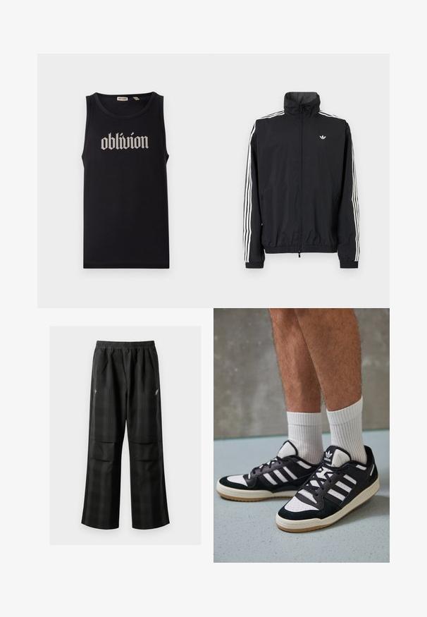 Musta tuulenpitävä takki, jossa on korkea kaulus, valkoinen kolmiraidallinen muotoilu hihoissa, joustavat hihansuut ja helma, sekä pieni logo rinnassa.; Mustapaitapaita, joka on valmistettu puuvillasta, ja jossa on rohkea valkoinen goottilaistyylinen teksti "oblivion" keskellä etuosaa. Sileä pinta, hihaton muotoilu.; Mustat ruudulliset housut, joissa on joustava vyötärö, kaksi etutaskua ja rento istuvuus suoralla lahkeella. Valmistettu kevyestä materiaalista.; Valkoiset ja mustat tennarit, joissa on mokkanahka- ja nahkapäällinen, kolme valkoista raitaa, rei'itetty kärki ja kumipohja.