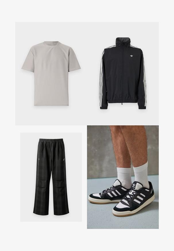 Crna windbreaker jakna s visokim ovratnikom, bijeli dizajn s tri pruge na rukavima, elastične manžete i rub, s malim logotipom na prsima.; Svijetlosiva rebrasta majica s okruglim izrezom i kratkim rukavima. Ima mekani materijal i čistu izvedbu, pogodna za svakodnevno nošenje.; Crne karirane hlače s elastičnom urezom, dva prednja džepa i ležernim krojem s ravnim nogavicama. Izrađene su od laganog materijala.; Crne i bijele tenisice s gornjim dijelom od antilopa i kože, s tri bijele pruge, perforiranim prstom i gumiranim potplatom.