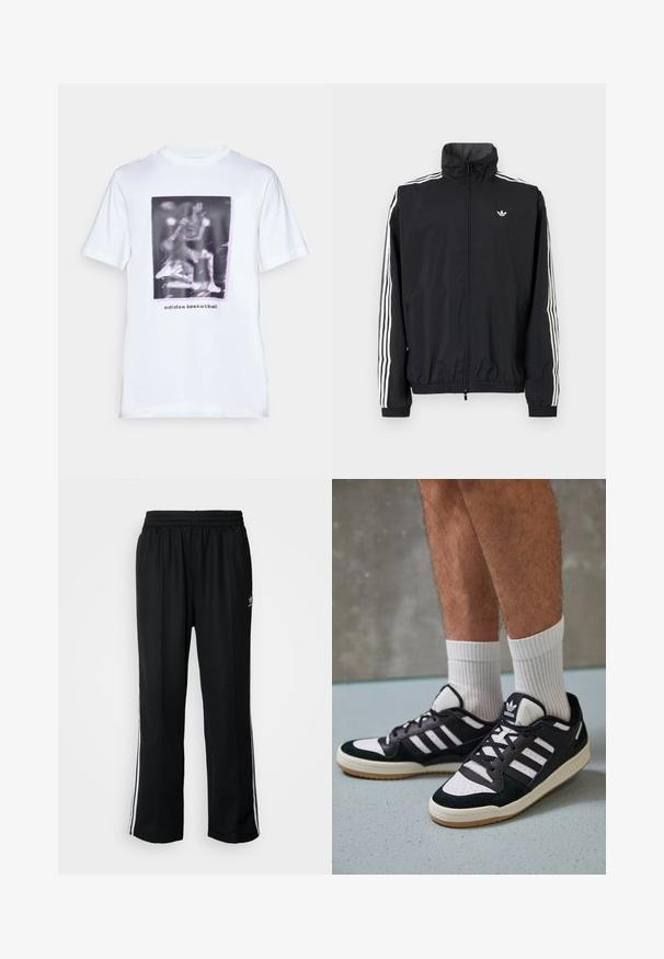 Melna vēja pārvalka jaka ar augstu apkakli, baltu trīs svītru dizainu uz piedurknēm, elastīgu aproču un apakšmalu, ar mazu logo uz krūtīm.; Balts kokvilnas T-krekls ar grafiku, kurā attēlots basketbola spēlētājs, un apakšā teksts "adidas basketball". Īsās piedurknes un apaļais kakla izgriezums.; Melni sporta bikses ar elastīgu jostas vietu, kurām ir baltas sānu svītras un neliels logotips. Materiāls izskatās mīksts un viegls.; Melnas un baltas kedas ar zamša un ādas augšdaļu, kas aprīkotas ar trim baltām svītrām, perforētu purngali un gumijas zolēm.