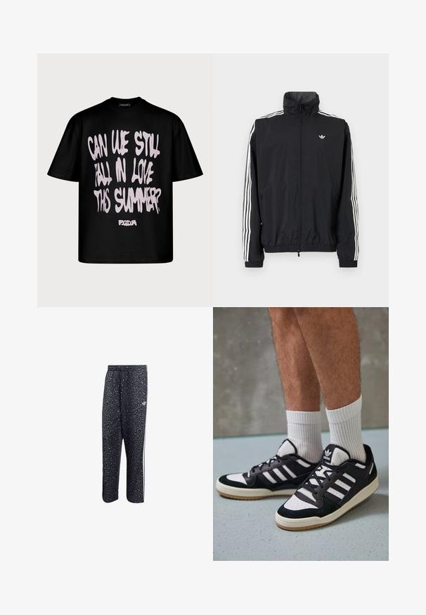 Černá windbreaker bunda s vysokým límcem, bílým designem tří pruhů na rukávech, elastickými manžetami a lemováním, s malým logem na hrudi.; Černé tričko s krátkým rukávem a volným střihem. Na přední straně je růžový text: "MŮŽEME SE TENTO LÉTO STÁLE ZAMILOVAT?" a logo níže.; Černé sportovní kalhoty s leopardím vzorem, obsahující bílý design se třemi pruhy a logo sportovní značky na boku.; Černobílé tenisky s vrchní částí z semišové a kožené kůže, včetně tří bílých pruhů, perforovaného špičky a podrážky z gumy.