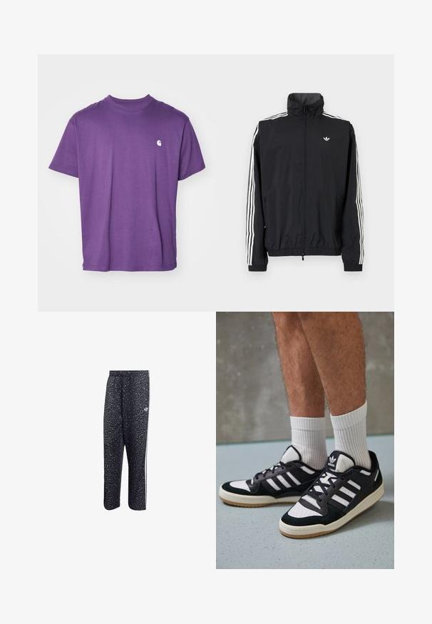 Juodas vėjaraudžių švarkas su aukštu apykakle, baltu trimis juostelėmis ant rankovių, elastingais rankogaliais ir apatine dalimi, su maža logotipo etikete ant krūtinės.; Violet medvilnės marškinėliai trumpomis rankovėmis, apvaliu iškirpimu ir mažas baltas logotipas kairėje krūtinės pusėje. Lygi tekstūra, paprastas dizainas.; Juodi sportiniai keliai su leopardų raštu, su baltu trijų juostų dizainu ir sportinės prekinio ženklo logo šone.; Juodos ir baltos sportinės bateliai su zomšiniu ir odiniu viršumi, su trimis baltomis juostelėmis, perforuota koja ir guminėmis padais.