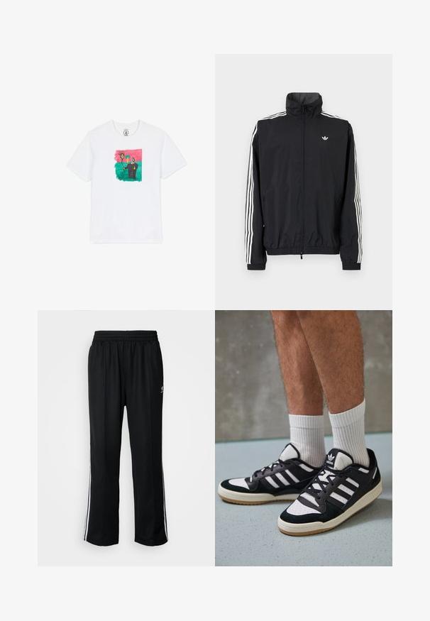 Fekete szélálló dzseki magas gallérral, fehér háromcsíkkal a ujjakon, rugalmas mandzsettákkal és alsó résszel, kis logóval a mellkason.; Fehér pamut póló, színes, absztrakt rajzzal, melyen egy nap és egy alak látható zöld háttér előtt, rózsaszín kerettel. Rövid ujjú.; Fekete sportnadrág rugalmas derékrésszel, fehér oldalsávokkal és egy kis logóval. Az anyaga lágy és könnyűnek tűnik.; Fekete-fehér tornacipők velúr és bőr felsőrésszel, három fehér csíkkal, perforált orral és gumi talppal.