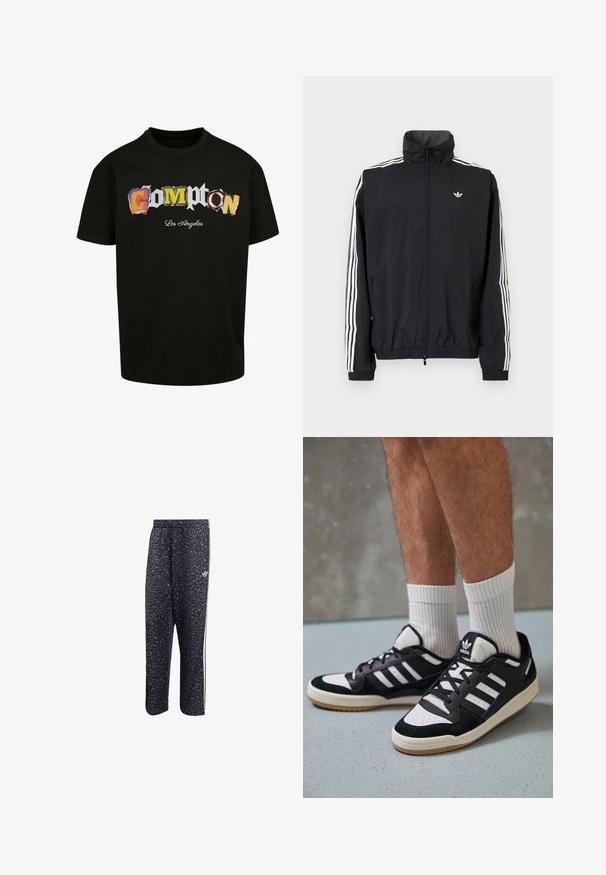 Zwarte windbreaker jas met hoge kraag, witte driedubbele streepdesign op de mouwen, elastische manchetten en zoom, met een klein logo op de borst.; Zwarte T-shirt met korte mouwen, voorzien van kleurrijke, uitgesneden tekst "Compton Los Angeles" aan de voorkant. Gemaakt van katoen.; Zwarte sportbroek met een luipaardpatroon, voorzien van een witte drie-strepenontwerp en een logo van een sportmerk aan de zijkant.; Zwart-witte sneakers met een bovenwerk van suede en leer, voorzien van drie witte strepen, een geperforeerde neus en een rubberen gumzool.
