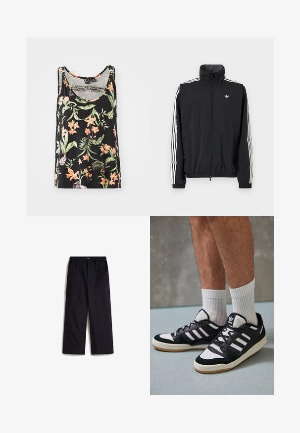 Musta tuulenpitävä takki, jossa on korkea kaulus, valkoinen kolmiraidallinen muotoilu hihoissa, joustavat hihansuut ja helma, sekä pieni logo rinnassa.; Musta ilmanhiha tanktoppi, jossa on kukkakuosi, jossa on vaaleanpunaisia ja oransseja kukkia sekä vihreitä lehtiä. Pehmeä kangas ja rento malli.; Mustat cargo-housut, joissa on joustava vyötärönauha, säädettävä vyö ja kaksi sivutaskua. Valmistettu kevyestä, teksturoidusta kankaasta.; Valkoiset ja mustat tennarit, joissa on mokkanahka- ja nahkapäällinen, kolme valkoista raitaa, rei'itetty kärki ja kumipohja.