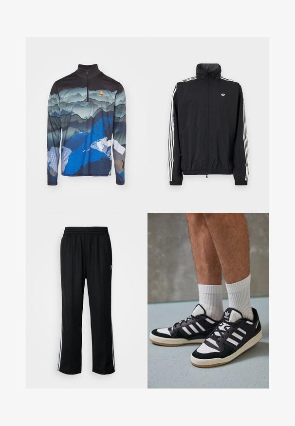 Schwarze Windjacke mit hohem Kragen, weißem Dreistreifen-Design an den Ärmeln, elastischen Bündchen und Saum, mit einem kleinen Logo auf der Brust.; Bogner Fire + Ice PASCAL - Langarmshirt - multicolor; Schwarze Sporthosen mit elastischem Bund, ausgestattet mit weißen Seitenstreifen und einem kleinen Logo. Das Material wirkt weich und leicht.; Schwarz-weiße Sneaker mit einem Obermaterial aus Wildleder und Leder, ausgestattet mit drei weißen Streifen, einer perforierten Zehenpartie und einer Sohle aus Gummi.