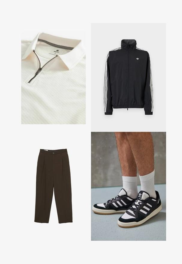 Musta tuulenpitävä takki, jossa on korkea kaulus, valkoinen kolmiraidallinen muotoilu hihoissa, joustavat hihansuut ja helma, sekä pieni logo rinnassa.; Valkoinen polo-paita, jossa on teksturoitu kuvio, vetoketjukiinnitys ja ruudullinen kauluksen sisäosa. Tägissä lukee "NEXT" ja koko on "M."; Tummanruskeat muotoonommellut housut, joissa on etupleikkaukset, vyölenkit ja nappikiinnitys vyötäröllä.; Valkoiset ja mustat tennarit, joissa on mokkanahka- ja nahkapäällinen, kolme valkoista raitaa, rei'itetty kärki ja kumipohja.