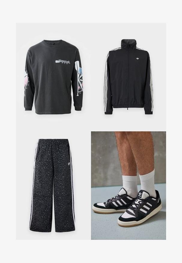 Sort vindjakke med høj krave, hvidt tre-stripes design på ærmerne, elastiske cuffs og kant, med et lille logo på brystet.; Sort langærmet t-shirt i bomuld med logo på fronten og grafik af en kompas og en åre på ærmerne i blå og pink nuancer.; adidas Originals GRAPHIC UNISEX - Træningsbukser - black; Sorte og hvide sneakers med en overdel i ruskind og læder, der har tre hvide striber, en perforeret tå og en sål i gummigummi.