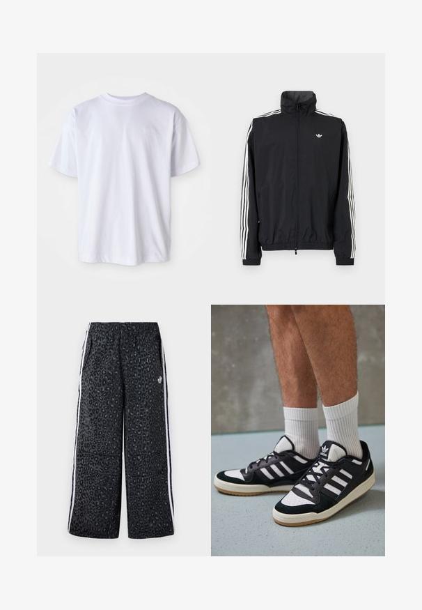 Melna vēja pārvalka jaka ar augstu apkakli, baltu trīs svītru dizainu uz piedurknēm, elastīgu aproču un apakšmalu, ar mazu logo uz krūtīm.; Balta kokvilnas T-kreklā ar apaļu kakla izgriezumu un īsām piedurknēm. Uz kreisā krūšu daļas ir izšūta logo, kas izpildīts atbilstošā krāsā.; adidas Originals GRAPHIC UNISEX - Treniņtērpa apakšdaļas - black; Melnas un baltas kedas ar zamša un ādas augšdaļu, kas aprīkotas ar trim baltām svītrām, perforētu purngali un gumijas zolēm.