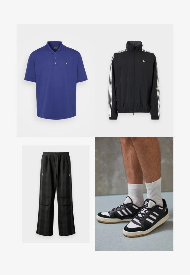 Must värvusega tuulejakk kõrge kraega, valge kolme triibu disainiga varrukatel, elastsed mansetid ja äär, väikese logoga rinnal.; Tumesinine polo särk, mis on valmistatud puuvillast. Omab kraed, kolme nupuga avamist ja väikest kollast logo rinnal. Lühikesed varrukad.; Mustas ruudulised püksid, millel on elastne vöökoht, kaks esimest taskut ja laiem lõige sirge jala disainiga. Valmistatud kergest materjalist.; Mustvalged ja valged spordijalatsid, mille pealmine osa on valmistatud suede'ist ja nahast. Kingadel on kolm valget riba, auguline varvas ja kummist tald.