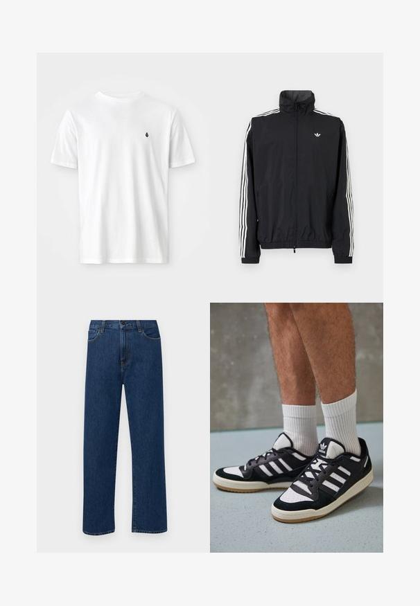 Melna vēja pārvalka jaka ar augstu apkakli, baltu trīs svītru dizainu uz piedurknēm, elastīgu aproču un apakšmalu, ar mazu logo uz krūtīm.; Balts kokvilnas T-krekls ar klasisku apaļu kaklu, īsām piedurknēm un mazu melnu logotipu kreisajā krūtī. Gluda tekstūra, ikdienišķa piegriezne.; Tumši zilas taisnas kājas denim bikses ar priekšējām kabatām un pogu aizdari, izvietotas uz vienkārša baltā fona.; Melnas un baltas kedas ar zamša un ādas augšdaļu, kas aprīkotas ar trim baltām svītrām, perforētu purngali un gumijas zolēm.