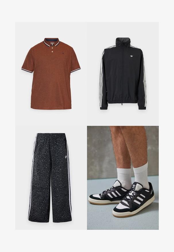 Fekete szélálló dzseki magas gallérral, fehér háromcsíkkal a ujjakon, rugalmas mandzsettákkal és alsó résszel, kis logóval a mellkason.; Barna pólóing, texturált anyagból készült, tengerészkék gallérral, fehér díszítéssel, három gombbal és kis logóval a mellrészen.; adidas Originals GRAPHIC UNISEX - Tréningruha alsók - black; Fekete-fehér tornacipők velúr és bőr felsőrésszel, három fehér csíkkal, perforált orral és gumi talppal.