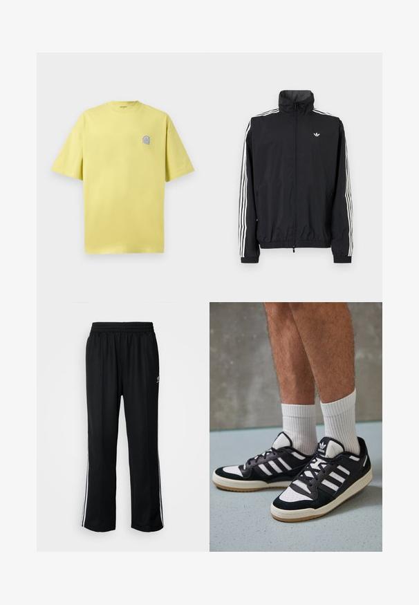 Čierna vetrovka s vysokým golierom, biely dizajn troch pruhov na rukávoch, elastické manžety a lem, s malým logom na hrudi.; Citrónovo žlté bavlnené tričko s krátkymi rukávmi, okrúhlym výstrihom a malým modrým logom na ľavej hrudi. Mäkkučký materiál, voľný strih.; Čierne športové nohavice s elastickým pásom, s bielymi bočnými prúžkami a malým logom. Materiál vyzerá byť mäkký a ľahký.; Čierno-biele tenisky s vrchom z semišu a kože, s troma bielymi pruhmi, perforovanou špičkou a gumovou podrážkou.