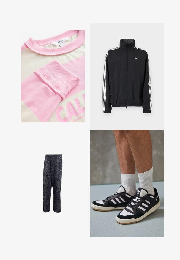 Melna vēja pārvalka jaka ar augstu apkakli, baltu trīs svītru dizainu uz piedurknēm, elastīgu aproču un apakšmalu, ar mazu logo uz krūtīm.; Kratkām piedurknēm tops ar krēmkrāsas daļu un rozā horizontālām svītrām. Ribota apkakle un aproces, ar grafisku uzdruku gaiši rozā krāsā.; Melnas sporta bikses ar leopardu rakstu, ar baltu trīs svītru dizainu un sporta zīmola logo sānos.; Melnas un baltas kedas ar zamša un ādas augšdaļu, kas aprīkotas ar trim baltām svītrām, perforētu purngali un gumijas zolēm.