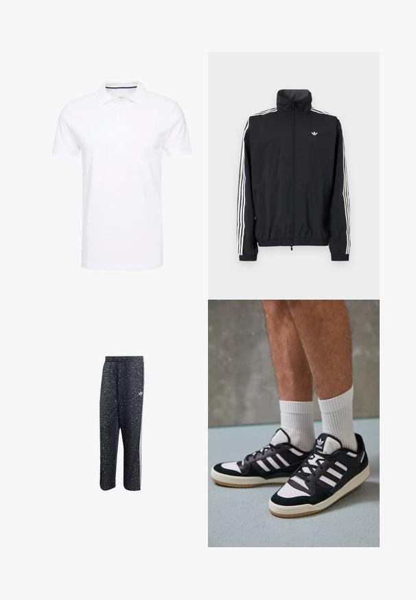 Čierna vetrovka s vysokým golierom, biely dizajn troch pruhov na rukávoch, elastické manžety a lem, s malým logom na hrudi.; Biela polo košeľa vyrobená z bavlny, s tradičným golierom, krátkymi rukávmi a tri gombíkovým zapínaním so jemnými námorníckymi akcentmi vo vnútri.; Čierne športové nohavice s leopardím vzorom, s bielym trojpruhovým dizajnom a logom športovej značky na boku.; Čierno-biele tenisky s vrchom z semišu a kože, s troma bielymi pruhmi, perforovanou špičkou a gumovou podrážkou.