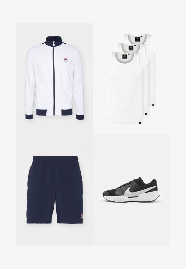Fehér zipzáras dzseki magas gallérral, sötétkék részletekkel a mandzsettákon és a vállakon, a mellkasán egy apró piros és kék logóval.; Három fehér csíkos pamut trikó. Felső része kerek nyakkivágású, és a szegély közelében kis fekete címkék találhatók. Több méretben elérhető.; Tengerészkék sportnadrág, légáteresztő anyagból, rugalmas derékkal és egy kis logóval a bal alsó oldalon.; Fekete sportcipők textúrázott felsőrésszel, fehér Swoosh logóval, párnázott sarokkal és kontrasztos fehér talppal, amelyet zigzag minta díszít.